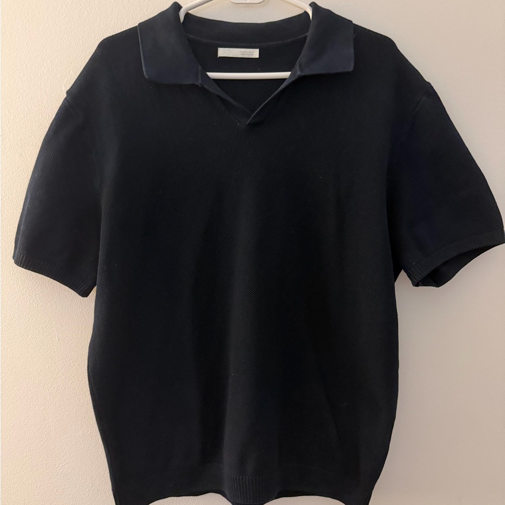 Zara Men's Black Short-Sleeve Polo Knit Shirt